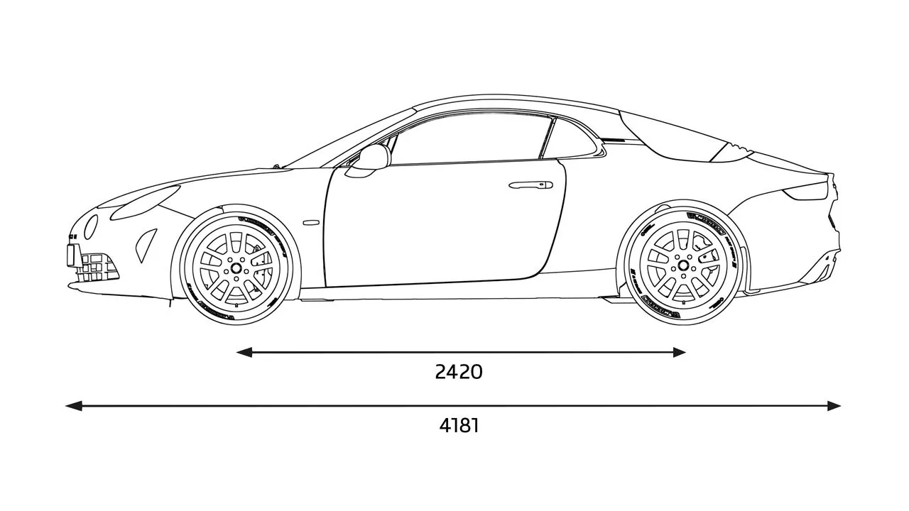 Alpine A110 afmetingen zijkant, Alpine Store Soestdijk