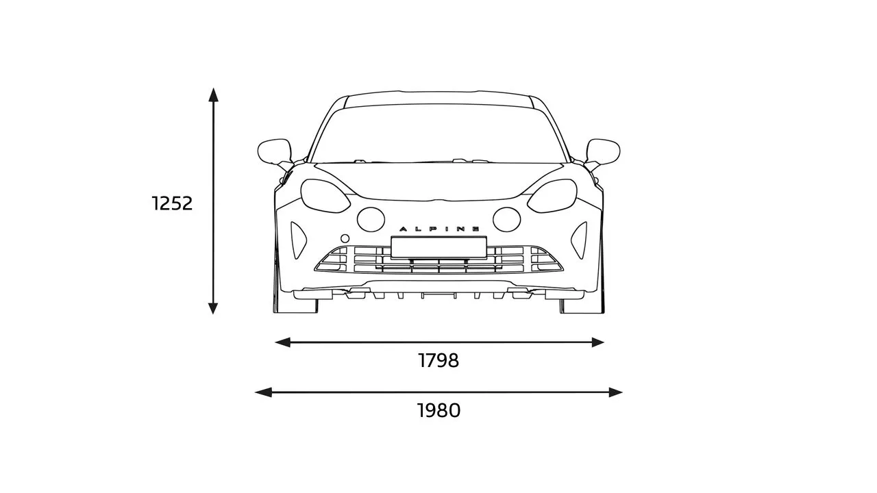 Alpine A110 afmetingen voorkant, Alpine Store Soestdijk